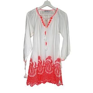 Christophe Sauvat Cotton Embroidered Shift Dress w/ Tassel Tie White/Orange XS